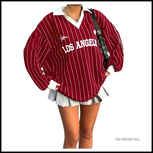 Tops - Oversized Striped Letter Print V-Neck Long Sleeve Jersey Tee Y2K Loose Fit